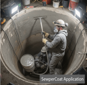Spray-applied SewperCoat epoxy coating during trenchless manhole restoration