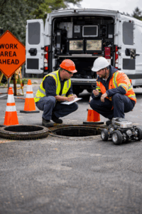 Utility workers inspecting a sewer manhole using robotic crawler and field equipment