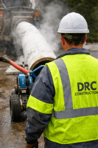 DRC Construction worker supervising pipeline rehabilitation project on-site