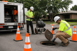 Municipal utility workers performing an annual CCTV sewer inspection using specialized camera equipment to assess underground pipeline conditions and support preventive maintenance.