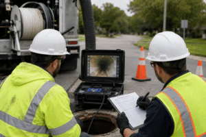 Technicians reviewing live CCTV inspection footage of a municipal sewer line while documenting pipeline conditions for long-term infrastructure maintenance and asset management.
